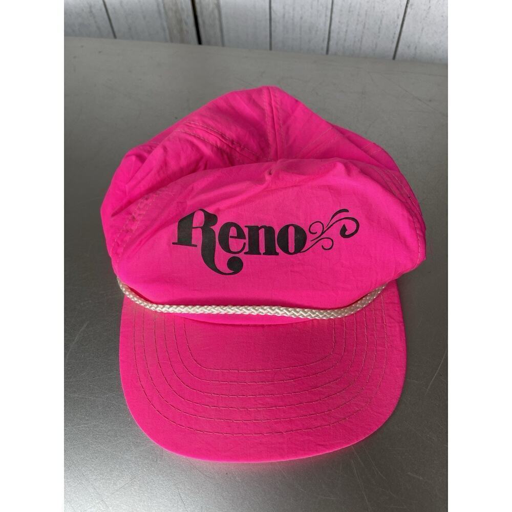 Vintage Reno Hat Mens SnapBack Neon Pink Nylon Rope Trucker Retro 90s